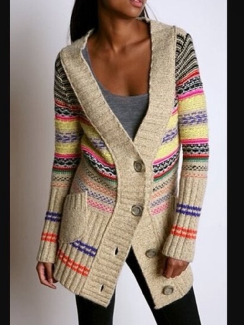 Free People Multicolor Striped Chunky Knit Wool Cardigan Button Sweater Sz L